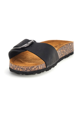 Schwarze Pantoffeln mit Riemen und Maxi-Schnalle Pittarello Sonne SR003