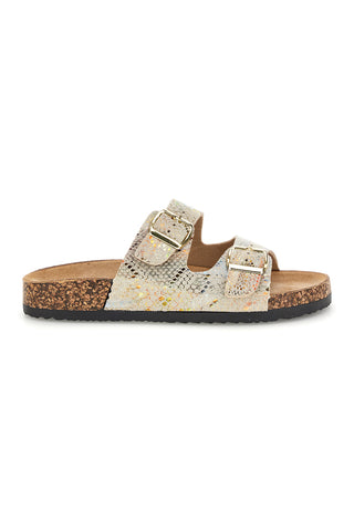 Beige Hausschuhe mit mehrfarbigem Python-Print und doppelter Schnalle Prima riga 14601