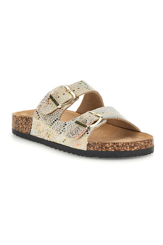 Beige Hausschuhe mit mehrfarbigem Python-Print und doppelter Schnalle Prima riga 14601