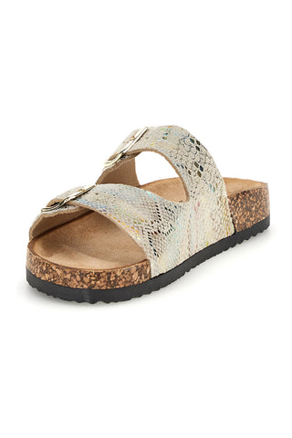 Beige Hausschuhe mit mehrfarbigem Python-Print und doppelter Schnalle Prima riga 14601