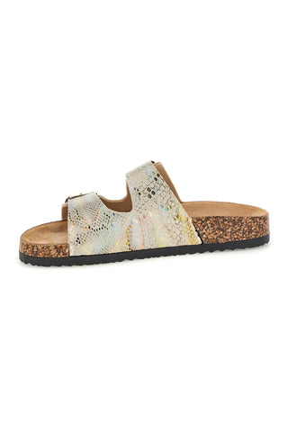 Beige Hausschuhe mit mehrfarbigem Python-Print und doppelter Schnalle Prima riga 14601