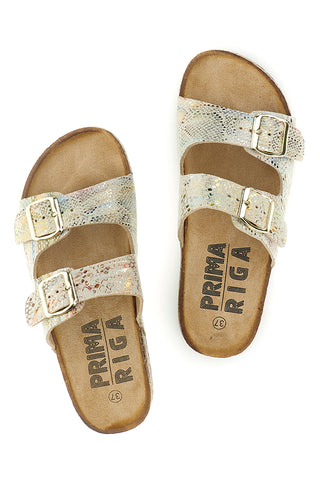 Ciabatte Beige con trama multicolore pitonata e doppia fibbia Prima riga 14601