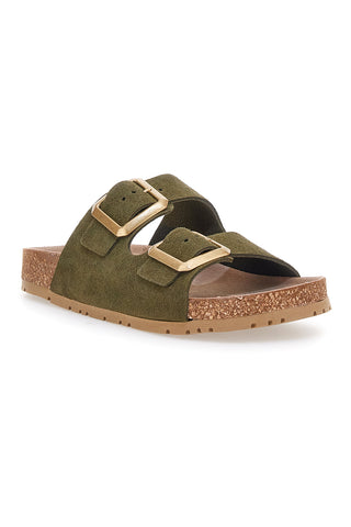 Olivgrüne Slipper mit doppelter Schnalle und rutschfester Sohle Pittarello Green Walk vegan 335CF20631S