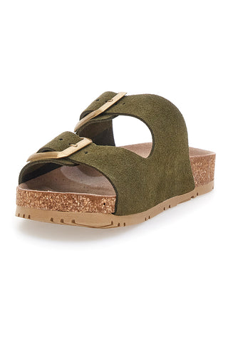 Olivgrüne Slipper mit doppelter Schnalle und rutschfester Sohle Pittarello Green Walk vegan 335CF20631S