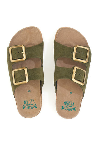 Olivgrüne Slipper mit doppelter Schnalle und rutschfester Sohle Pittarello Green Walk vegan 335CF20631S