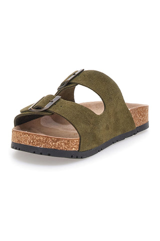 Olivgrüne Slipper mit doppelter Schnalle und rutschfester Sohle Pittarello Green Walk vegan 335CF038S
