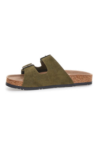 Olivgrüne Slipper mit doppelter Schnalle und rutschfester Sohle Pittarello Green Walk vegan 335CF038S