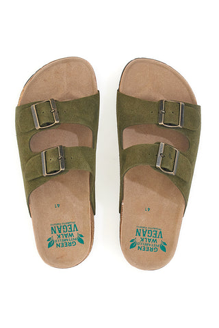 Olivgrüne Slipper mit doppelter Schnalle und rutschfester Sohle Pittarello Green Walk vegan 335CF038S