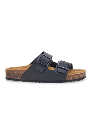 Schwarze Slipper mit doppelter Schnalle und Innensohle aus echtem Leder Biomodex 39900Q