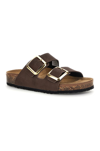 Dunkelbraune Slipper mit doppelter Schnalle und Innensohle aus echtem Leder Biomodex 31801Q