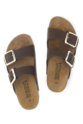 Dunkelbraune Slipper mit doppelter Schnalle und Innensohle aus echtem Leder Biomodex 31801Q