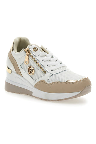Sneakers Beige con Zeppa e Chiusura con Lacci e Cerniera Laura