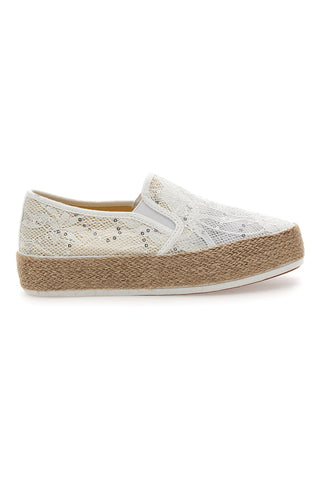 Slip-on bianche in crochet con suola in corda Energy E129