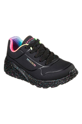 Schwarze Sneaker mit Regenbogen-Sprenkelsohle Skechers Uno Lite Rainbow Speckle
