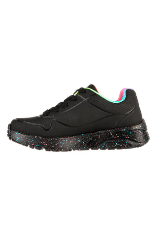 Schwarze Sneaker mit Regenbogen-Sprenkelsohle Skechers Uno Lite Rainbow Speckle