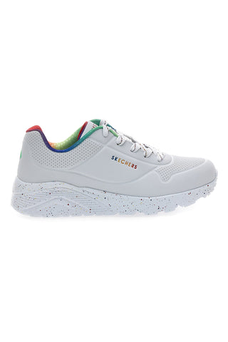 Weiße Sneakers mit Regenbogen-Sprenkelsohle Skechers Uno Lite Rainbow Speckle