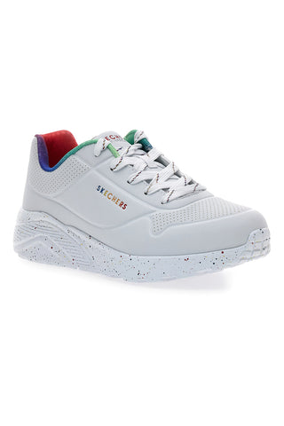 Weiße Sneakers mit Regenbogen-Sprenkelsohle Skechers Uno Lite Rainbow Speckle