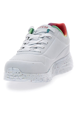 Weiße Sneakers mit Regenbogen-Sprenkelsohle Skechers Uno Lite Rainbow Speckle
