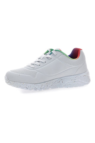 Weiße Sneakers mit Regenbogen-Sprenkelsohle Skechers Uno Lite Rainbow Speckle