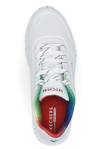 Weiße Sneakers mit Regenbogen-Sprenkelsohle Skechers Uno Lite Rainbow Speckle
