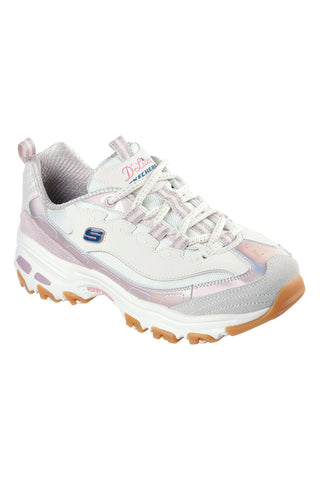 Skechers D'Lites Dazzling Shine – Weiße Sneakers mit lila Details und Memory Foam