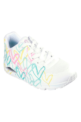 Skechers – Uno Changed Love – Hitzebeständige weiße Sneakers mit Herz-Print
