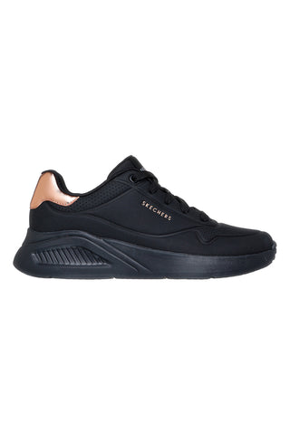 Skechers Uno Lite Shimmer Along Schwarze Sneaker mit Kupferdetails und Plateausohle