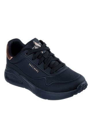 Skechers Uno Lite Shimmer Along Schwarze Sneaker mit Kupferdetails und Plateausohle