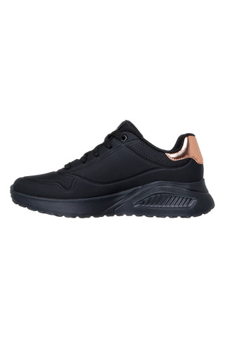 Skechers Uno Lite Shimmer Along Schwarze Sneaker mit Kupferdetails und Plateausohle