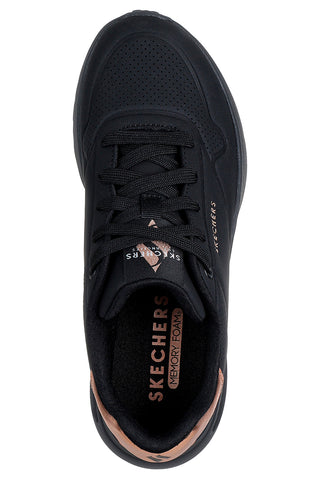 Skechers Uno Lite Shimmer Along Schwarze Sneaker mit Kupferdetails und Plateausohle