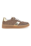 Sneaker aus braunem und platinfarbenem Leder mit goldenen Details von Pittarello Capsule Grace, Made in Italy.