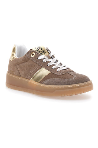 Sneaker aus braunem und platinfarbenem Leder mit goldenen Details von Pittarello Capsule Grace, Made in Italy.
