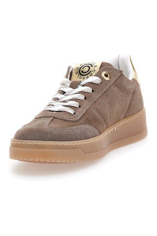 Sneaker aus braunem und platinfarbenem Leder mit goldenen Details von Pittarello Capsule Grace, Made in Italy.