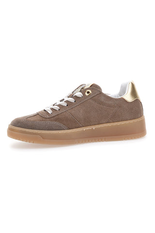 Sneaker aus braunem und platinfarbenem Leder mit goldenen Details von Pittarello Capsule Grace, Made in Italy.