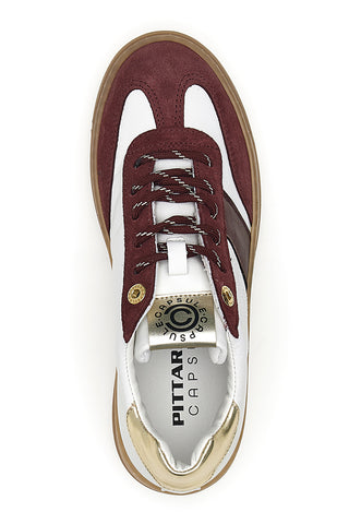 Weiße und burgunderfarbene Ledersneaker mit goldenen Details aus der Pittarello Capsule Grace-Kollektion, Made in Italy.