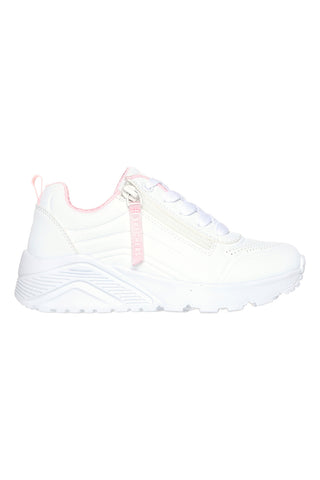 Skechers Uno Lite Easy Zip Weiße Sneaker mit seitlichem Reißverschluss und Plateau