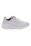 Weiße Sneakers mit Regenbogendetails und gefleckter Sohle Skechers Uno Lite Rainbow Speckle