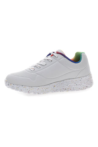 Weiße Sneakers mit Regenbogendetails und gefleckter Sohle Skechers Uno Lite Rainbow Speckle