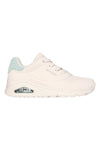 Beige Turnschuhe mit salbeigrünen Einsätzen und Skech-Air Skechers Uno Pop Back