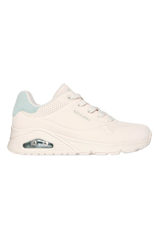 Beige Turnschuhe mit salbeigrünen Einsätzen und Skech-Air Skechers Uno Pop Back