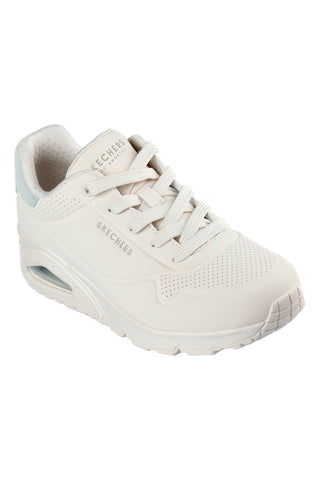 Beige Turnschuhe mit salbeigrünen Einsätzen und Skech-Air Skechers Uno Pop Back