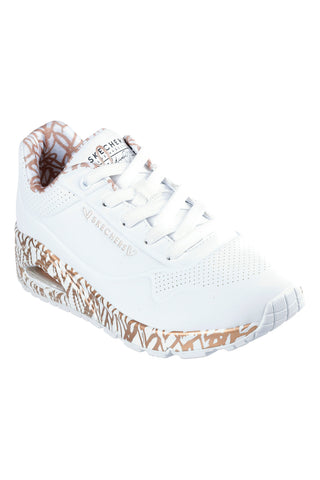 Weiße Sneakers mit roségoldenen Herzmotiven und Luftpolster Skechers UNO Loving Love