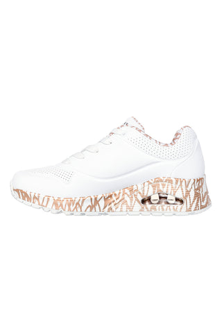 Weiße Sneakers mit roségoldenen Herzmotiven und Luftpolster Skechers UNO Loving Love