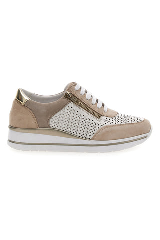 Sneakers Beige Bianco in pelle con lacci e zip Prima riga 21668FAST