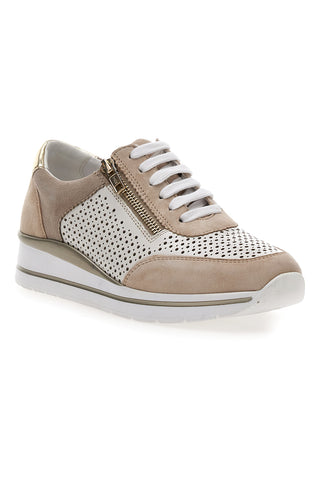 Sneakers Beige Bianco in pelle con lacci e zip Prima riga 21668FAST