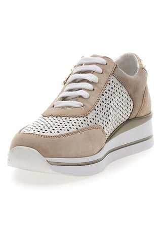Sneakers Beige Bianco in pelle con lacci e zip Prima riga 21668FAST