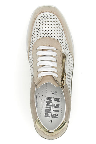 Sneakers Beige Bianco in pelle con lacci e zip Prima riga 21668FAST
