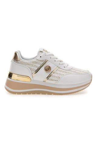 Weiße Turnschuhe mit goldenen Einsätzen und erhöhter Sohle Laura Biagiotti 9636