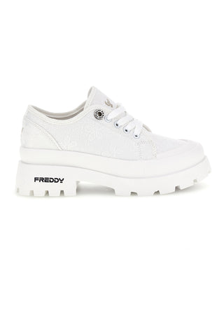 Weiße Plateau-Turnschuhe herausnehmbare Einlegesohle besticktes Obermaterial Freddy S2617FY7690