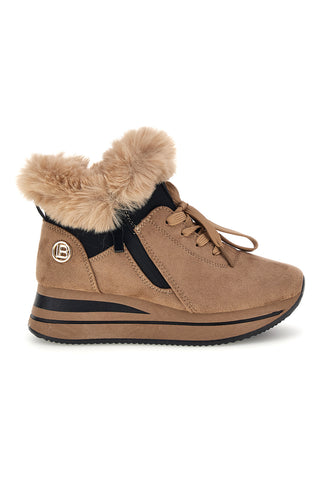 Beigefarbene hohe Sneaker mit Fellbesatz und Keilabsatz von Laura Biagiotti, Modell 9255M